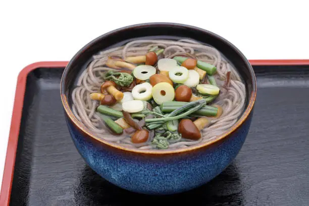 Japanese Sansai soba noodles in a ceramic bowl on tray