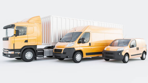 istock Semi Container Truck Lined Up with Yellow Delivery Vans on White Background 1212075475
