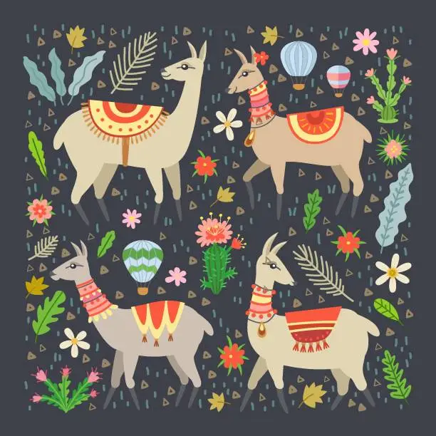 Vector illustration of Lama set in cartoon style. Adorable alpaca and cactus elements.