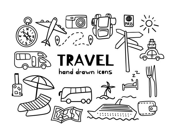 Hand drawn travel icons set. Hand drawn travel icons set. Summer tourism doodles. Outline vector illustration. cruise ship cruise passport map stock illustrations