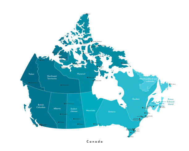 illustrations, cliparts, dessins animés et icônes de illustration moderne de vecteur. carte administrative isolée simplifiée du canada aux couleurs bleues. fond et contour blanc. noms des villes (ottawa, toronto et etc.) et des provinces. - provinces