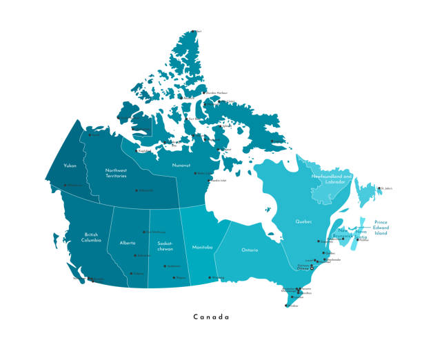 벡터 현대 그림입니다. 파란색으로 캐나다의 분리 된 관리지도를 단순화했습니다. 흰색 배경 및 윤곽선입니다. 도시 이름 (오타와, 토론토 등) 및 지방. - canada stock illustrations