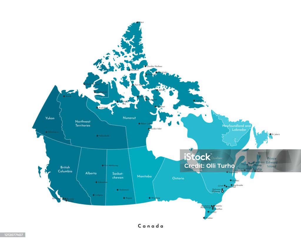 Векторная современная иллюстрация. Упрощенная изолированная административная карта Канады в синих тонах. Белый фон и контуры. Названия го� - Векторная графика Канада роялти-фри