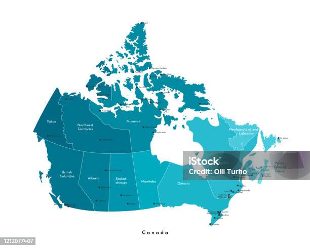 Векторная Современная Иллюстрация Упрощенная Изолированная Административная Карта Канады В Синих Тонах Белый Фон И Контуры Названия Го — стоковая векторная графика и другие изображения на тему Канада