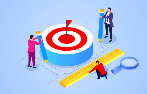 ilustrações, clipart, desenhos animados e ícones de três empresários segurando régua e lápis para medir o tamanho do alvo - distance measurer