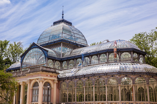 Detail of the beautiful Palacio de Cristal a conservatory located in El Retiro Park built in 1887 in Madrid