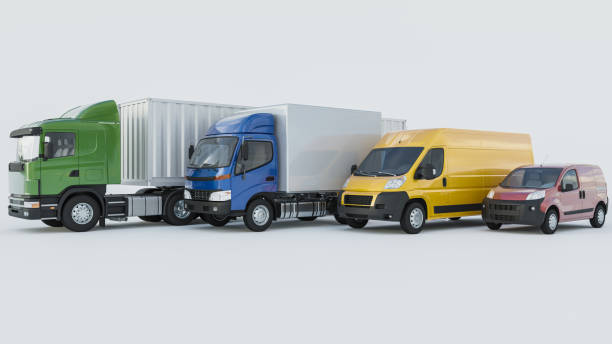 camion e furgoni di consegna in vari colori su sfondo bianco - camion foto e immagini stock