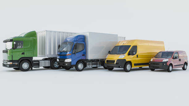 istock Trucks and Delivery Vans in Various Colors on White Background 1212079359