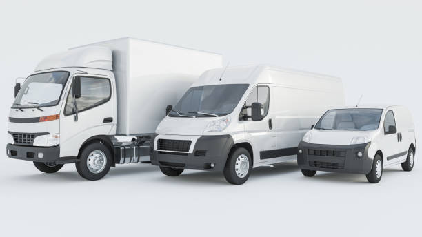White Box Truck with Delivery Vans in a Row on White Background
