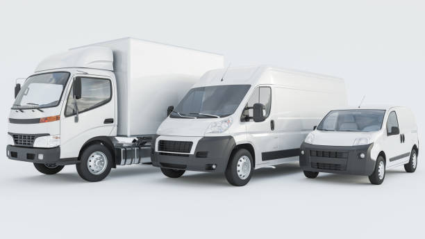 White Box Truck with Delivery Vans in a Row on White Background stock photo