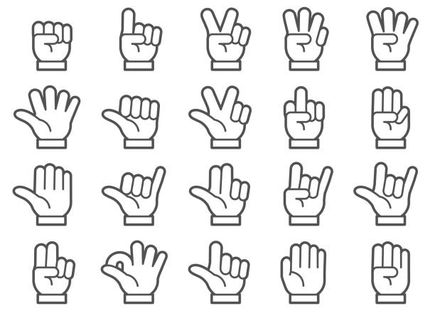 Hand Gestures Line Icons Set There is a set of icons about gestures of hand in style of Clip art. number 2 illustrations stock illustrations