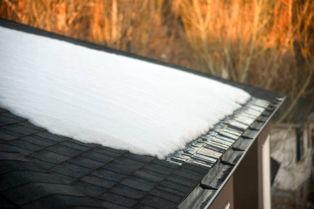 topnienie śniegu na dachu gontem z eavestrough - okap dachowy obrazy zdjęcia i obrazy z banku zdjęć