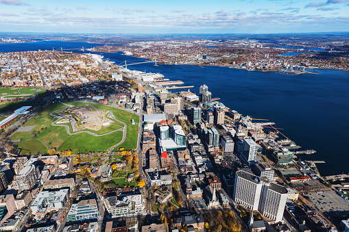 An aerial view of the downtown core of Halifax taken from a helicopter.