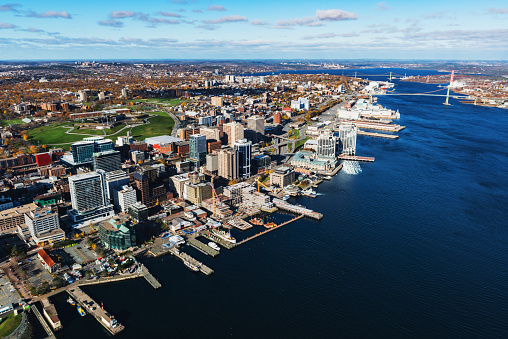 An aerial view of the Halifax Waterfront taken from a helicopter.