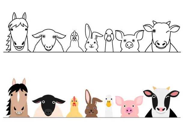 Vector illustration of Farm animals border set