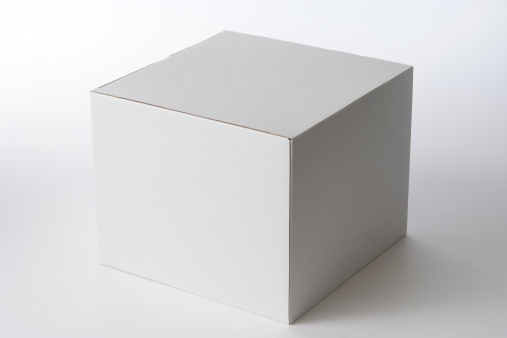 Closed white blank cube box isolated on white background.