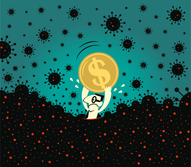 пандемия и финансовый кризис накояны. испуганный бизнесмен держит валюту знака доллара, страх новой паники коронавируса (covid-19, вирус) тонет - slug bacterium monster virus stock illustrations