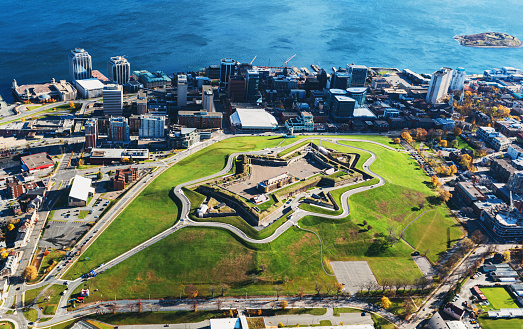 An aerial view of Citadel Hill National Park dominating the core of downtown Halifax.