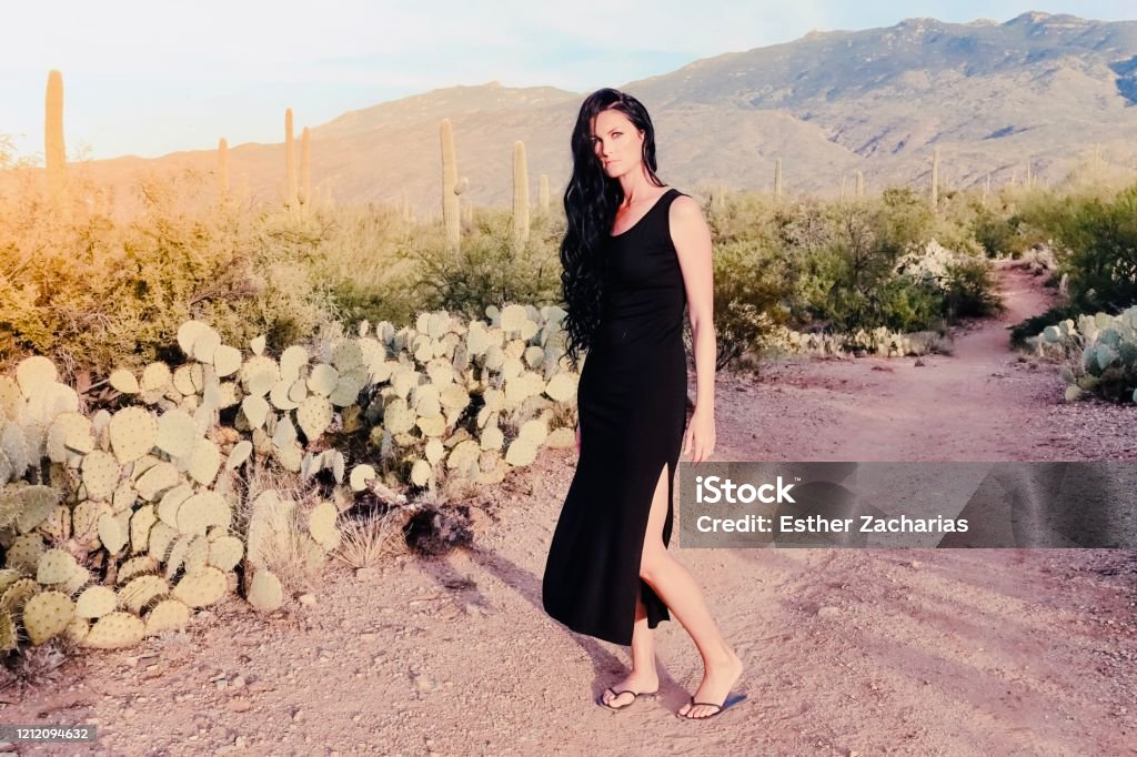 Woman with long hair in black dress in the desert Woman with long hair in black dress in the desert during golden hour Fashion Stock Photo
