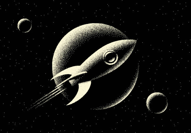 ilustraciones, imágenes clip art, dibujos animados e iconos de stock de paisaje espacial con vista panorámica sobre el planeta, cohetes y estrellas hechas con dotwork de estilo retro - mars