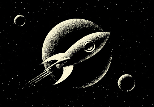 Space landscape with scenic view on planet, rocket and stars made with retro styled dotwork