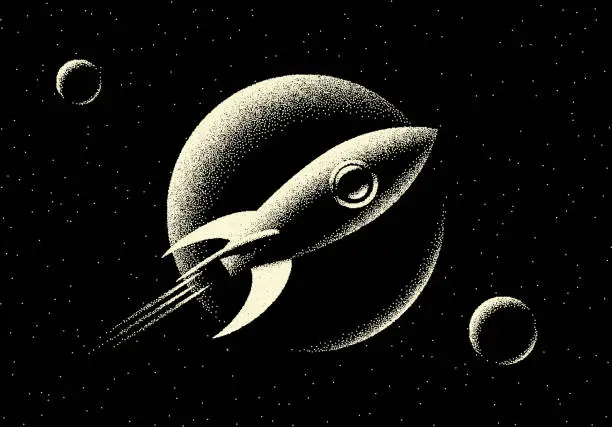 Vector illustration of Space landscape with scenic view on planet, rocket and stars made with retro styled dotwork
