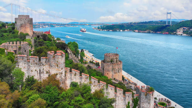 View of Bosphorus Strait and Fatih Sultan Mehmet Bridge in Istanbul Istanbul, Turkey istanbul stock pictures, royalty-free photos & images