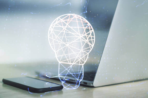 istock Creative idea concept with light bulb illustration on modern laptop background. Multiexposure 1212098674