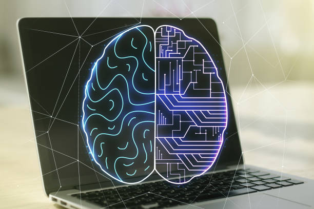 istock Creative artificial Intelligence concept with human brain hologram on modern laptop background. Multiexposure 1212098719