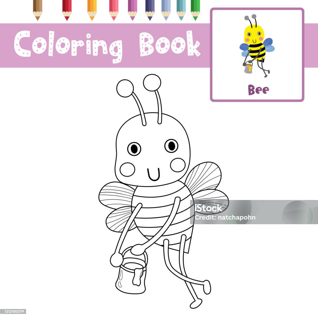 Coloring Page Big Bee Flying With Jar Of Honey Animal Cartoon Character