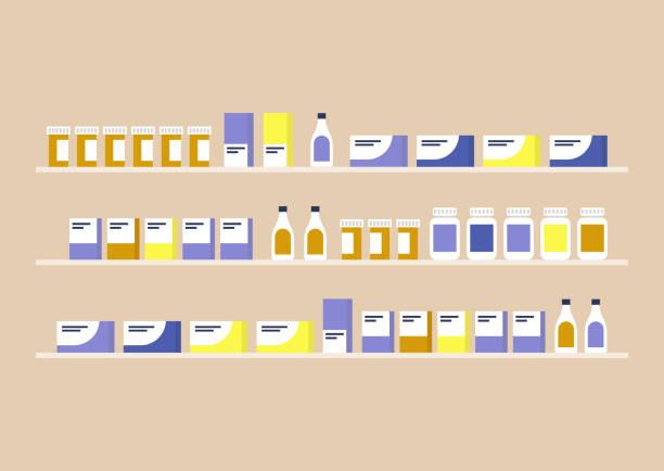 ilustraciones, imágenes clip art, dibujos animados e iconos de stock de estante de farmacia, píldoras y botellas, brote de coronavirus, farmacia - pharmacy medicine narcotic nutritional supplement
