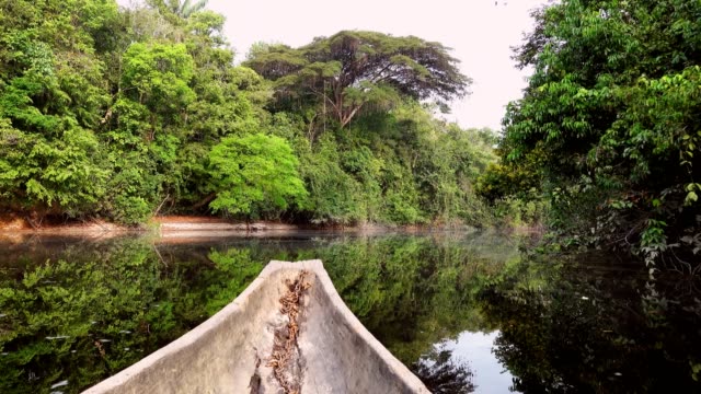 Sailing on Indigenous canoe in Corocoro river. Amazon state Venezuela