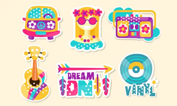Vector illustration of Retro Hippie Patches and Emblems Collection, Cute Colorful Bright Stickers Vector Illustration
