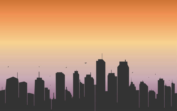 silhouette  of a rising city and dawn in the background silhouette  of a rising city and dawn in the background gas fired power station stock illustrations