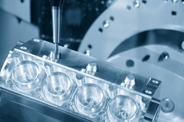 istock The 5-axis CNC milling machine  cutting the aluminium V8 engine block  by solid ball endmill tools in the light blue scene. 1212114641