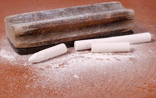 Old blackboard duster and chalk with chalk dust