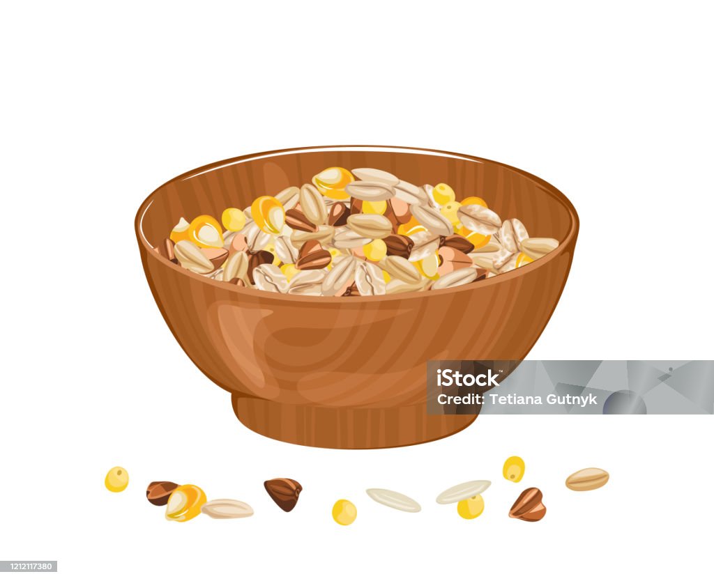 Cereal Grains In Wooden Bowl Vector Illustration Of Different Seeds In  Cartoon Flat Style Organic Healthy Food Stock Illustration - Download Image  Now - iStock