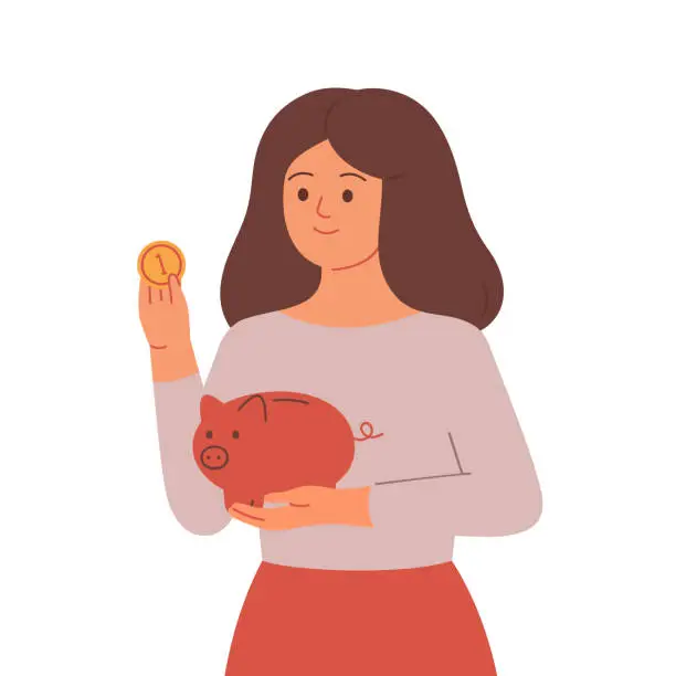 Vector illustration of Woman who saves money in piggy bank.