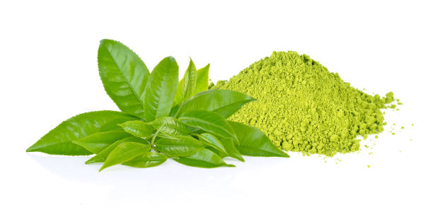 istock Green tea leaf and matcha powder isolated on white background 1212118851