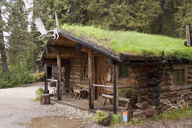 A sod roof log cabin at an Athabascan Village on the Chena River - Fairbanks, Alaska features a moose antlers over the doorway.