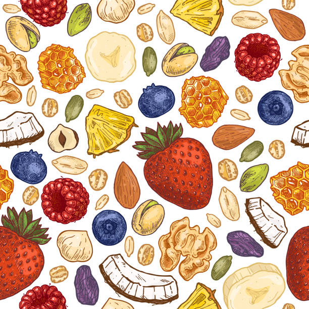 illustrazioni stock, clip art, cartoni animati e icone di tendenza di motivo senza cuciture color muesli. illustrazione in stile inciso. varie bacche, frutta, noci e miele. illustrazione vettoriale - dried food food backgrounds food and drink food