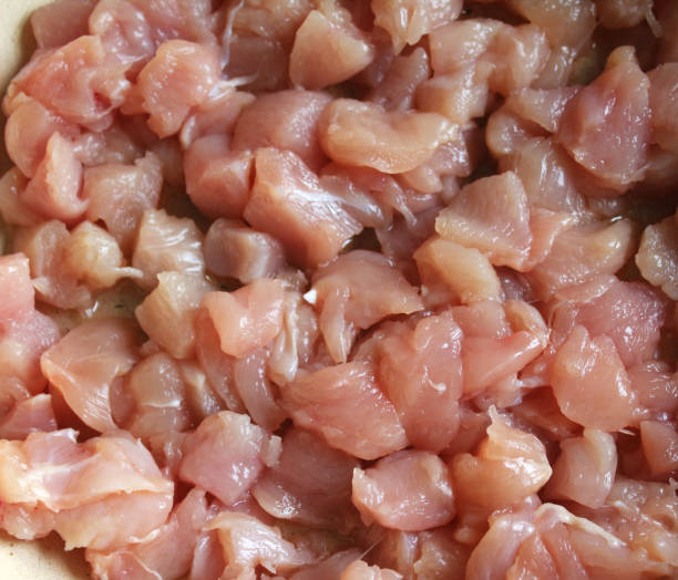 istock Diced chicken. Pattern raw meat. Fresh raw chicken breast to diced. 1212120984