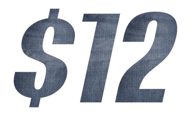 istock 12 Dollar with jeans fabric texture on white background. 1212122981