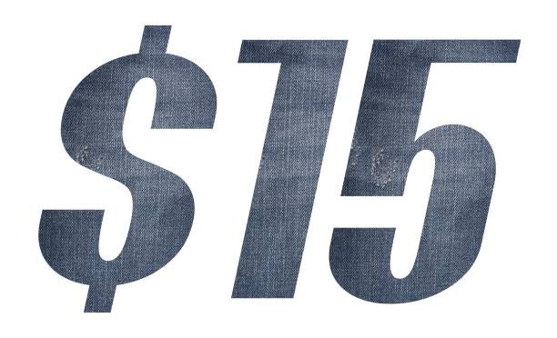 istock 15 Dollar with jeans fabric texture on white background. 1212123109