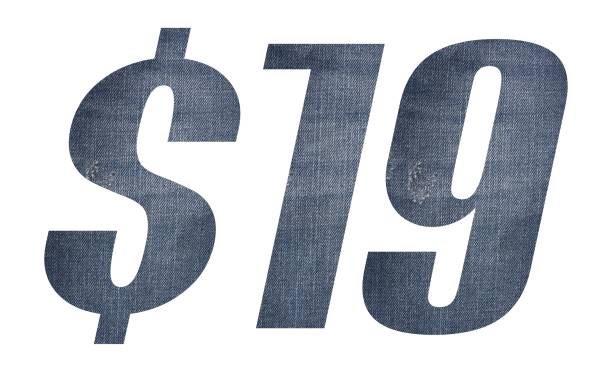istock 19 Dollar with jeans fabric texture on white background. 1212123169