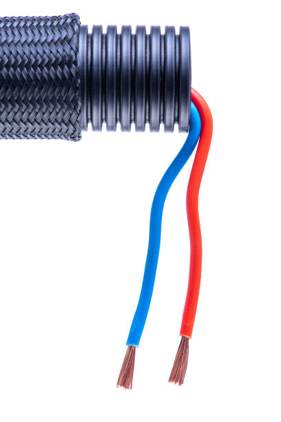 istock Corrugated Pipe with Cables Isolated on White, Home Electrical Installation 1212123209