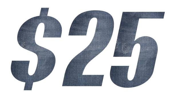 istock 25 Dollar with jeans fabric texture on white background. 1212123210