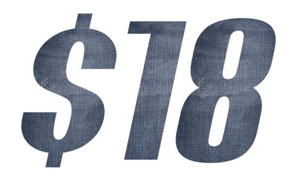 istock 18 Dollar with jeans fabric texture on white background. 1212123221