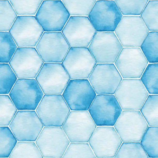 Vector illustration of Watercolor Seamless Background With Blue Hexagon Tiles