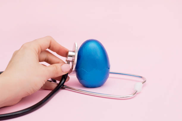 Stethoscope in doctor's hand with classic blue egg on a pink background. copy space